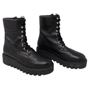 Stuart Weitzman Black Leather Platform Combat Boots Size 7.5 Lug Sole